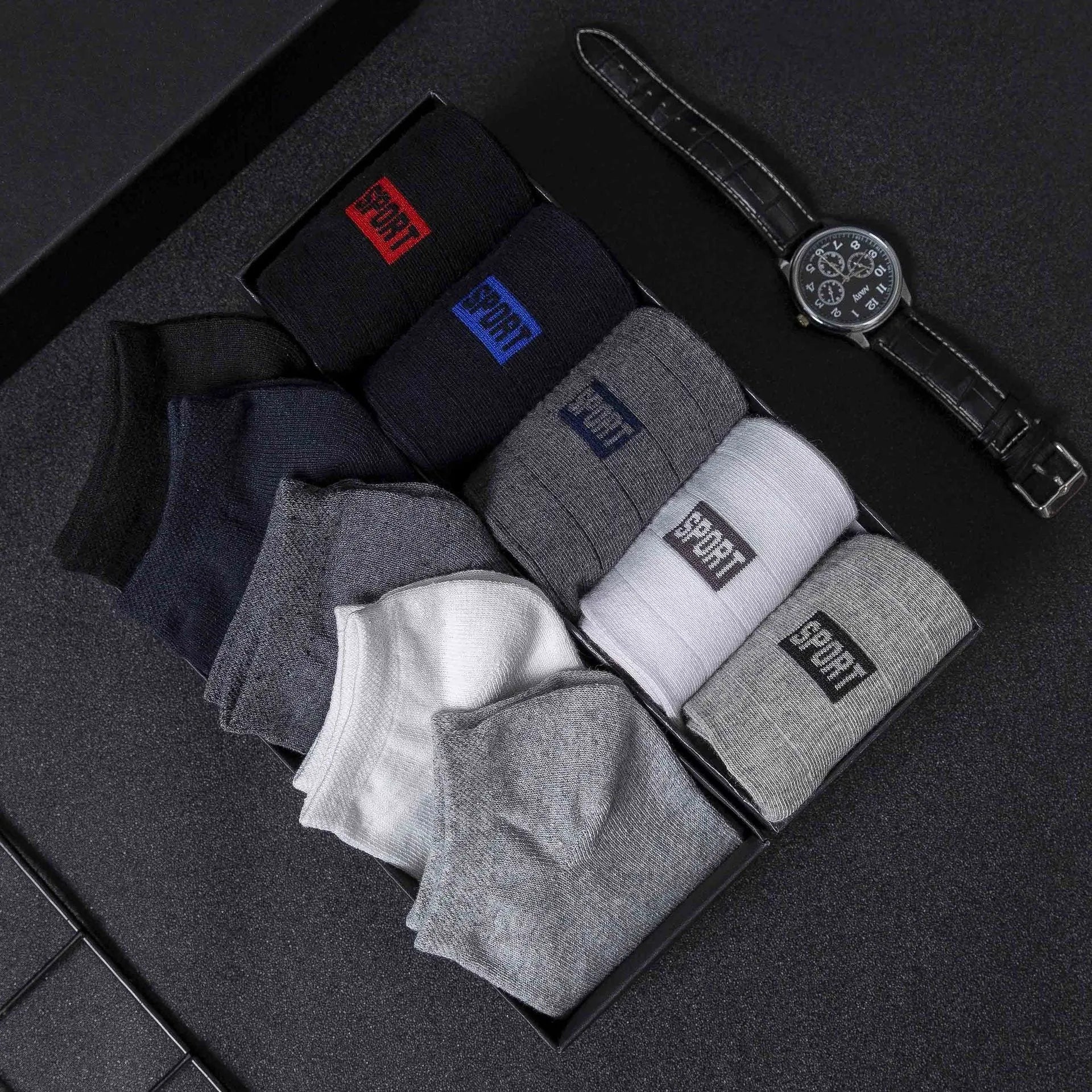 Breathable 5-pair men's cotton mid-tube socks set in SPORT tube stripe pattern