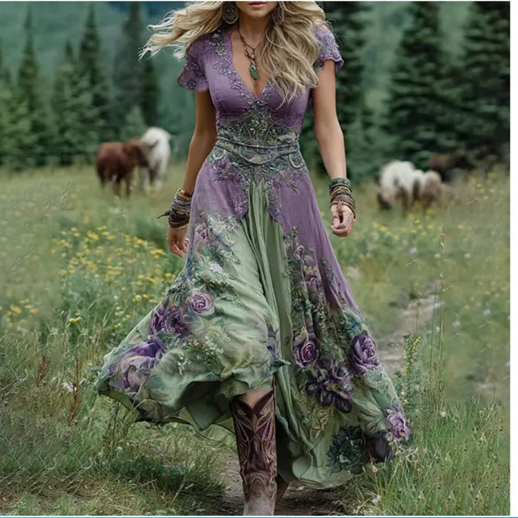 Women's artistic retro dress with creative totem pattern printing and deep V neckline