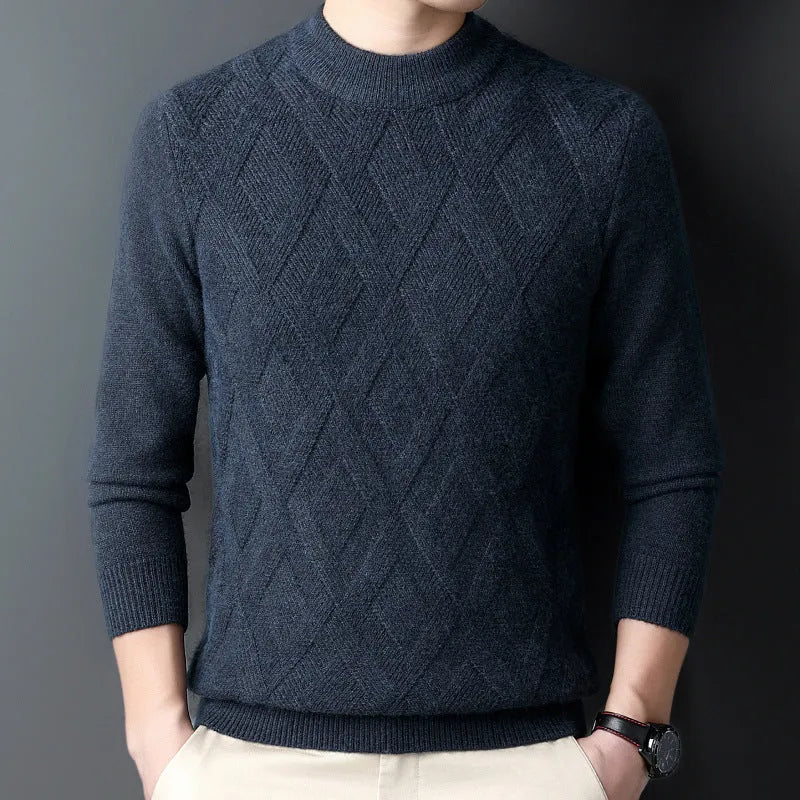 Men's thick grey diamond jacquard knit winter pullover sweater on a hanger.