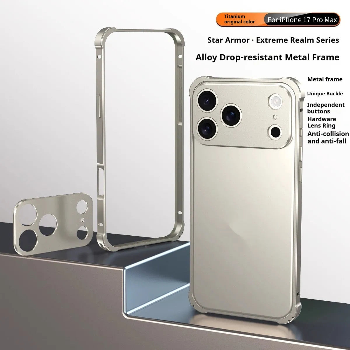 Alloy metal frame mobile phone case for iPhone 17 with seahorse buckle in a selection of five colours.