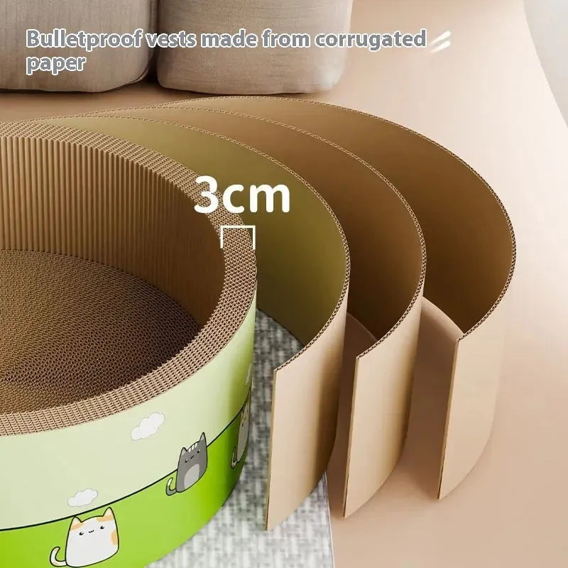 Large round deepening pit cat scratch board made of beige corrugated paper on a wooden floor.