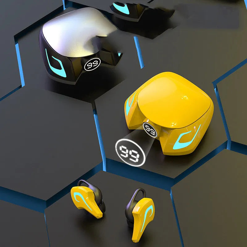 Black, grey, and yellow wireless in-ear Bluetooth gaming headsets with earplug-style design.