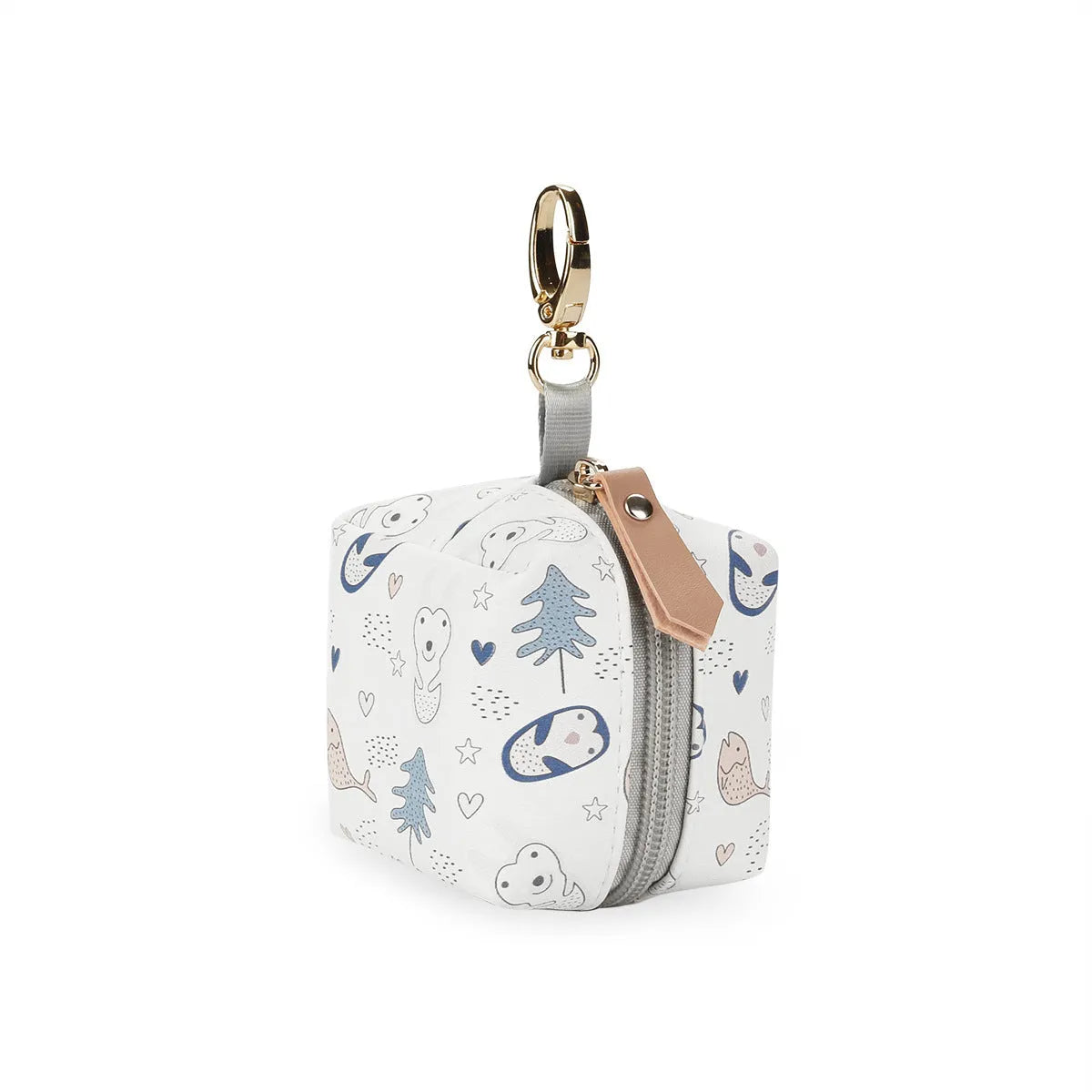 Baby pacifier holder case in PU leather with impervious nylon lining and buckle clip, holds 2 pacifiers, compact 6.35cm size