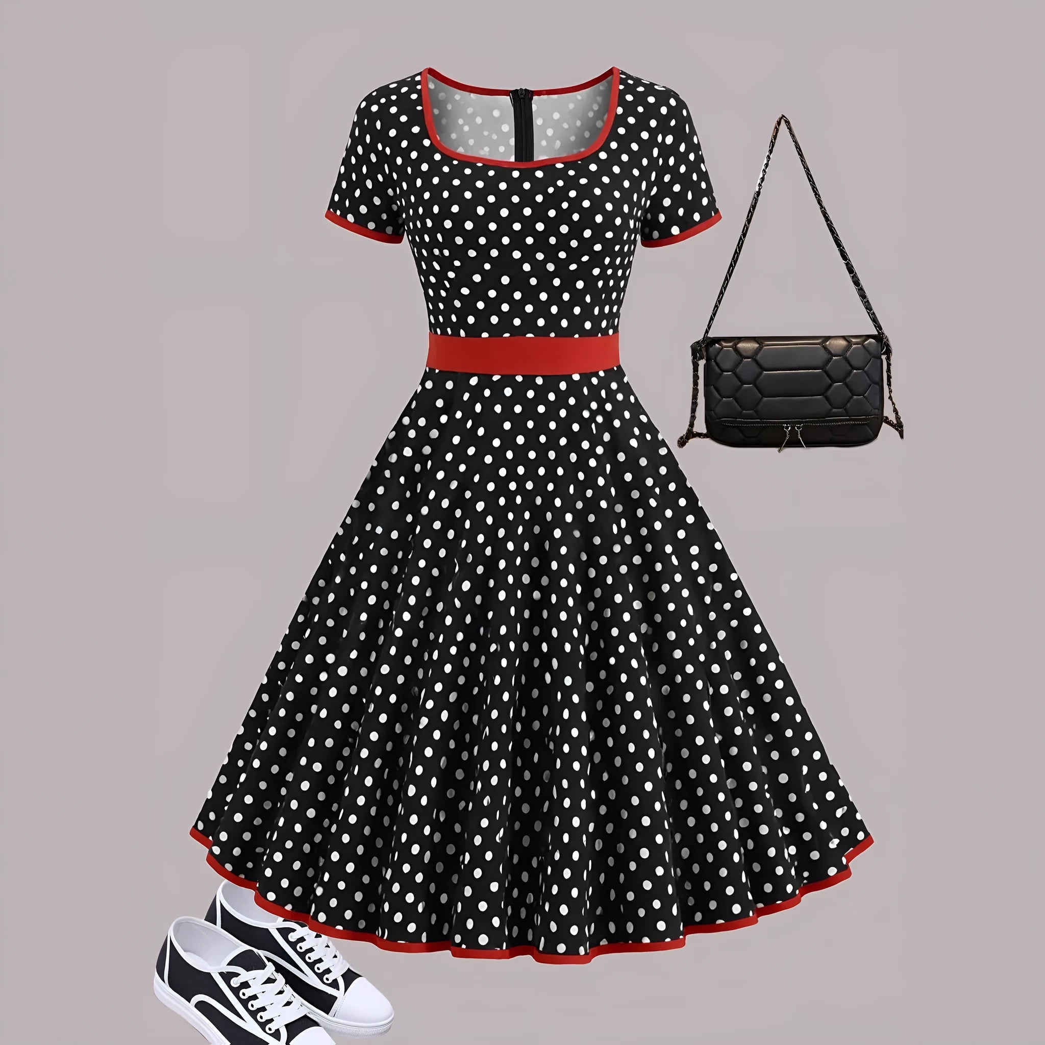 Multicolour polka dot dress with a square collar, short sleeves, front zipper, and pleated mid-length skirt.