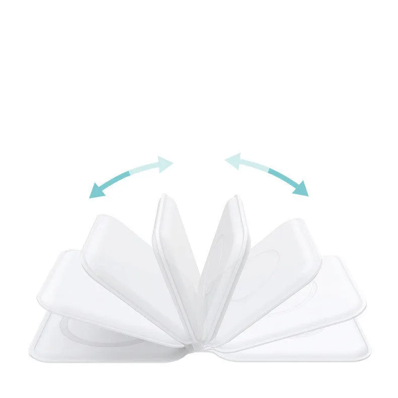 White folding dual magnetic wireless charging dock shown in stand mode with a phone attached.