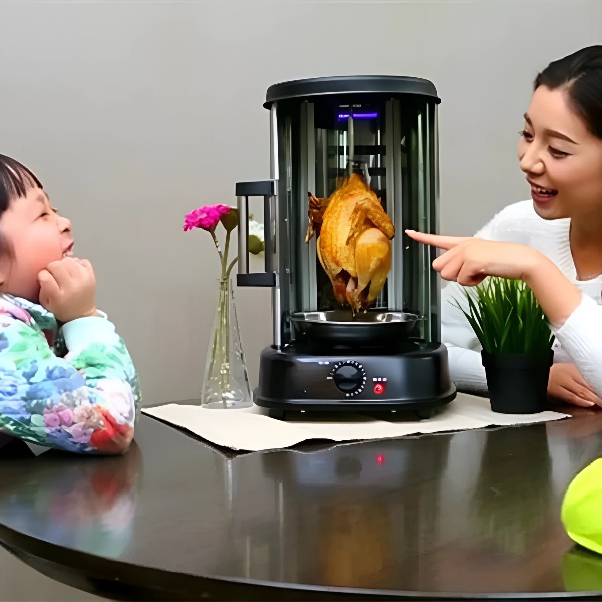 Black electric rotisserie oven with glass door and control knob for indoor smokeless grilling
