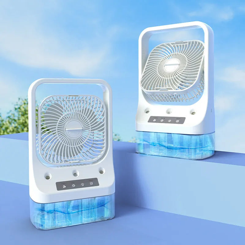 White USB rechargeable household cooling fan with water tank and adjustable nozzles