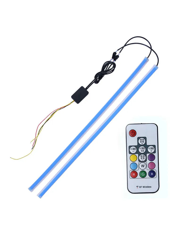 Colourful RGB LED daytime running light strip with remote control for vehicles.