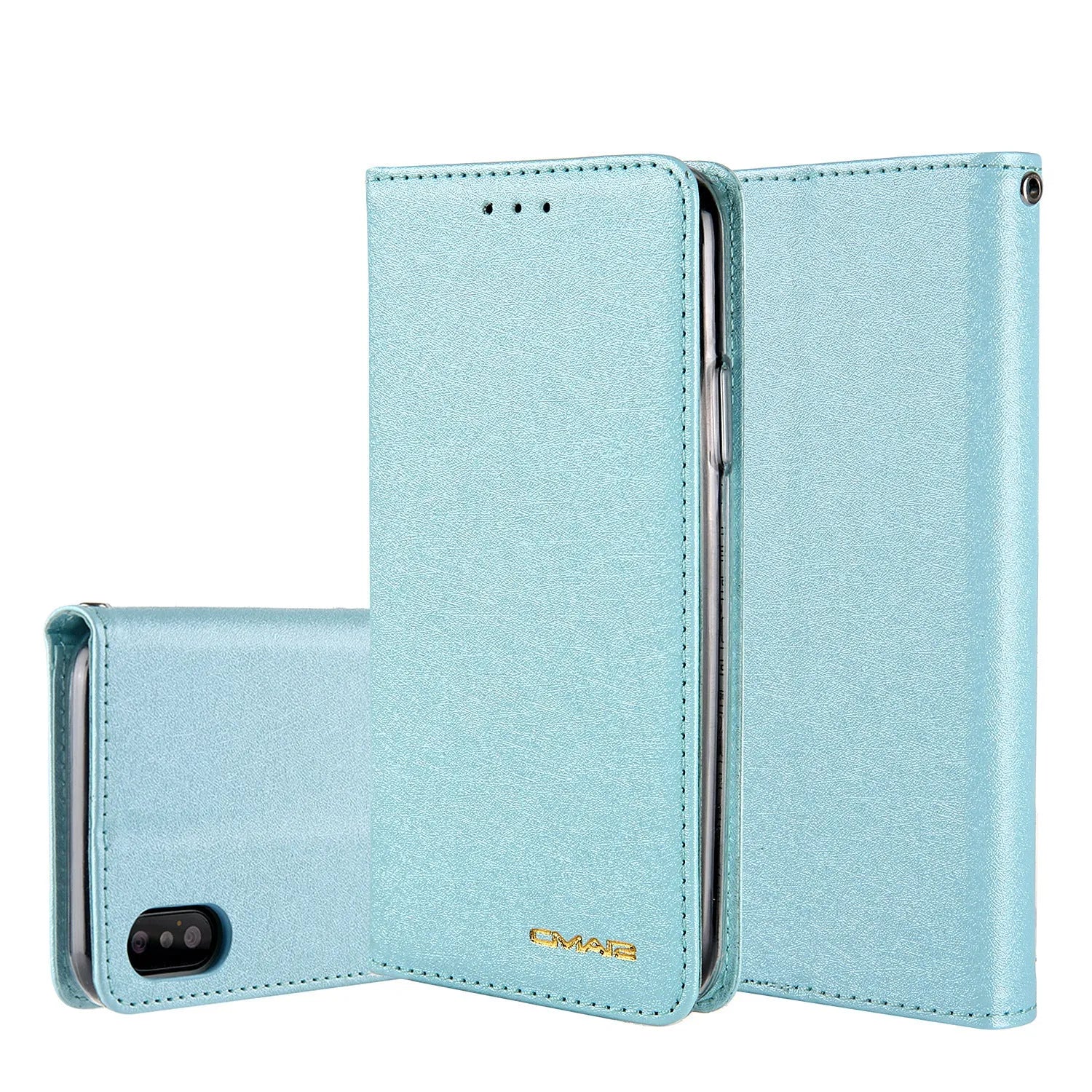 PU leather flip phone case with card slots for iPhone, shown in various colours.