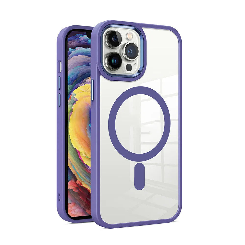 A transparent magnetic silicone phone case for iPhone on a table, shown in a solid colour option.