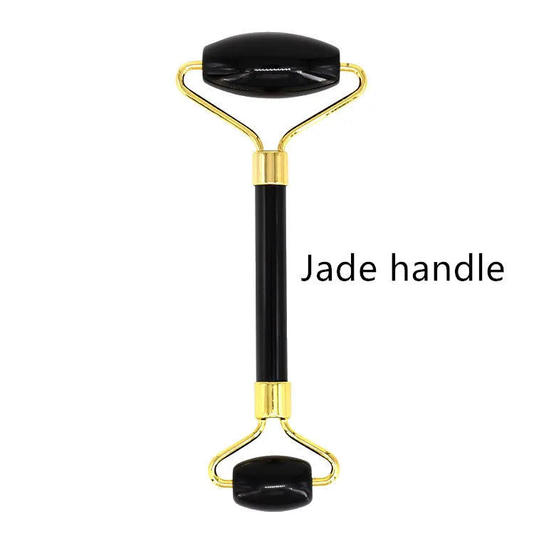 Two-piece resin gua sha roller set for face massage in black, pink, and green jade handle options