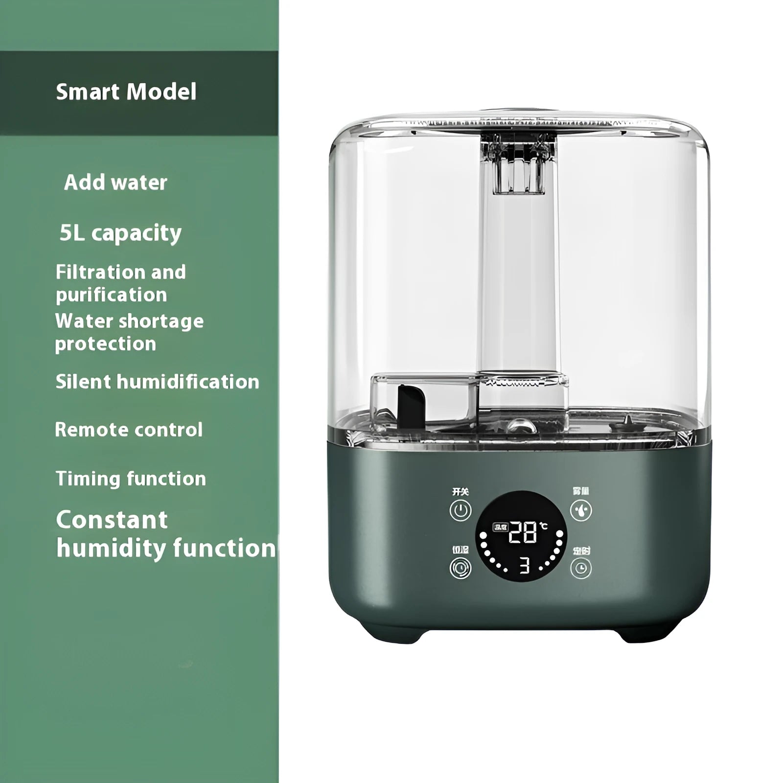 Green large capacity intelligent humidifier with touch screen display and remote control on a table.
