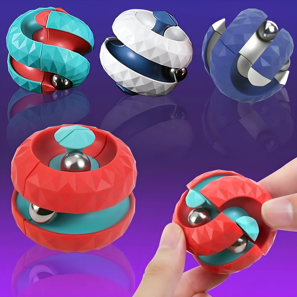 Diamond pattern ball track gyro Rubik's cube decompression fidget toy in blue and pink ABS plastic on white background