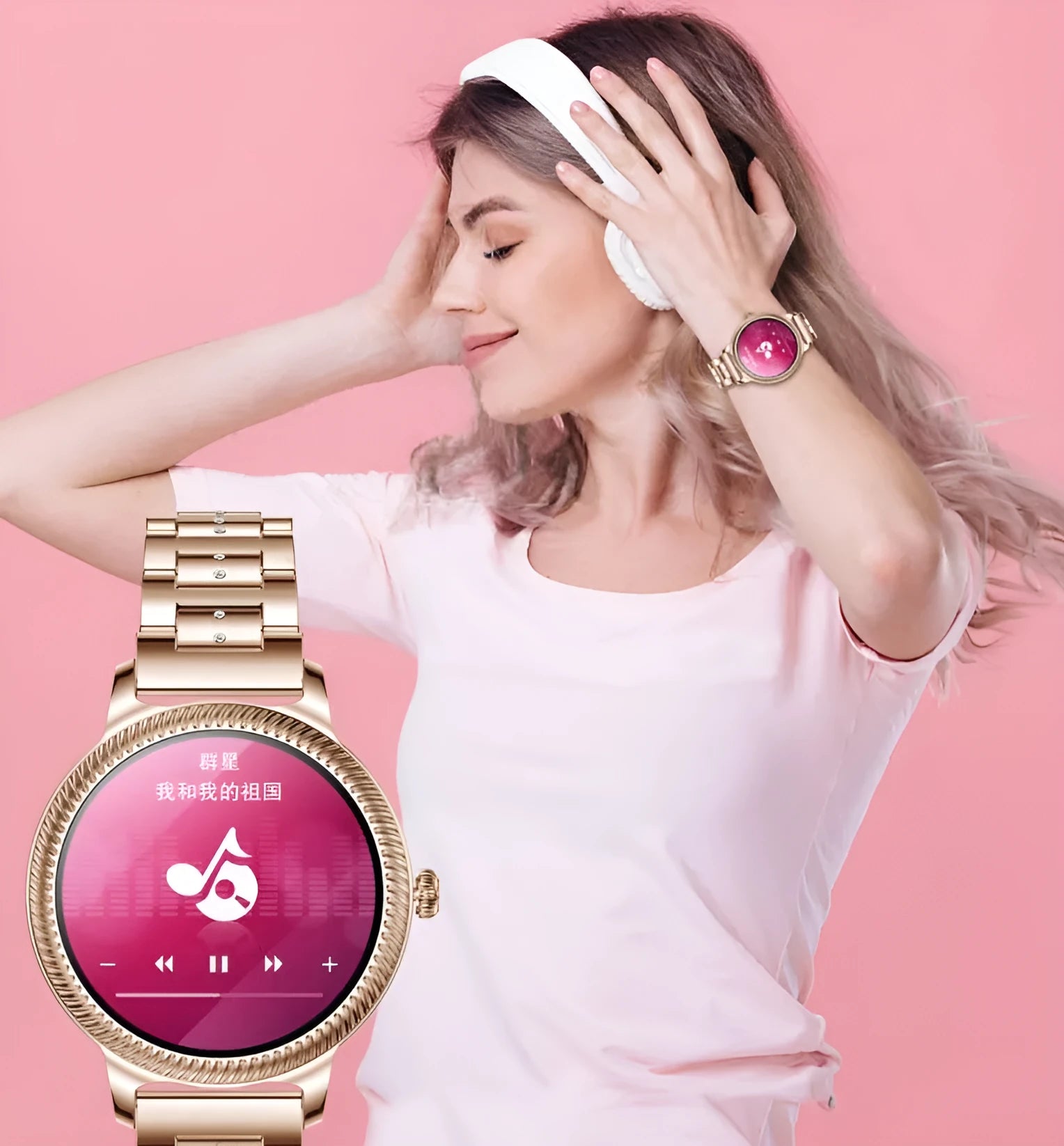 AK38 ladies smart watch with stainless steel band and 1.09-inch colour screen.