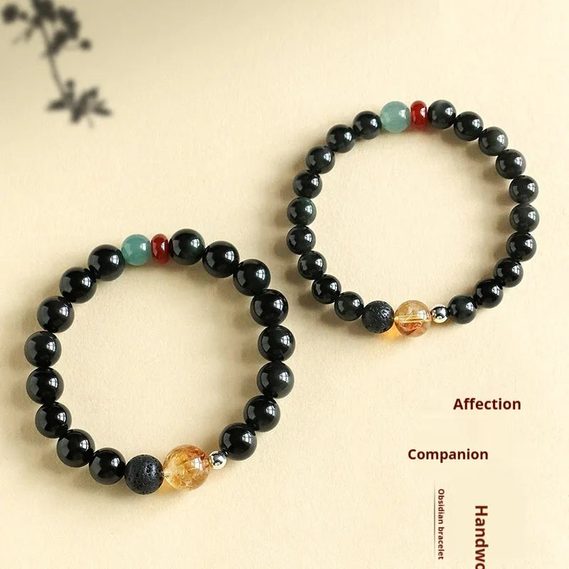 Chinese obsidian yellow tower crystal agate jade bracelet with natural stone beads