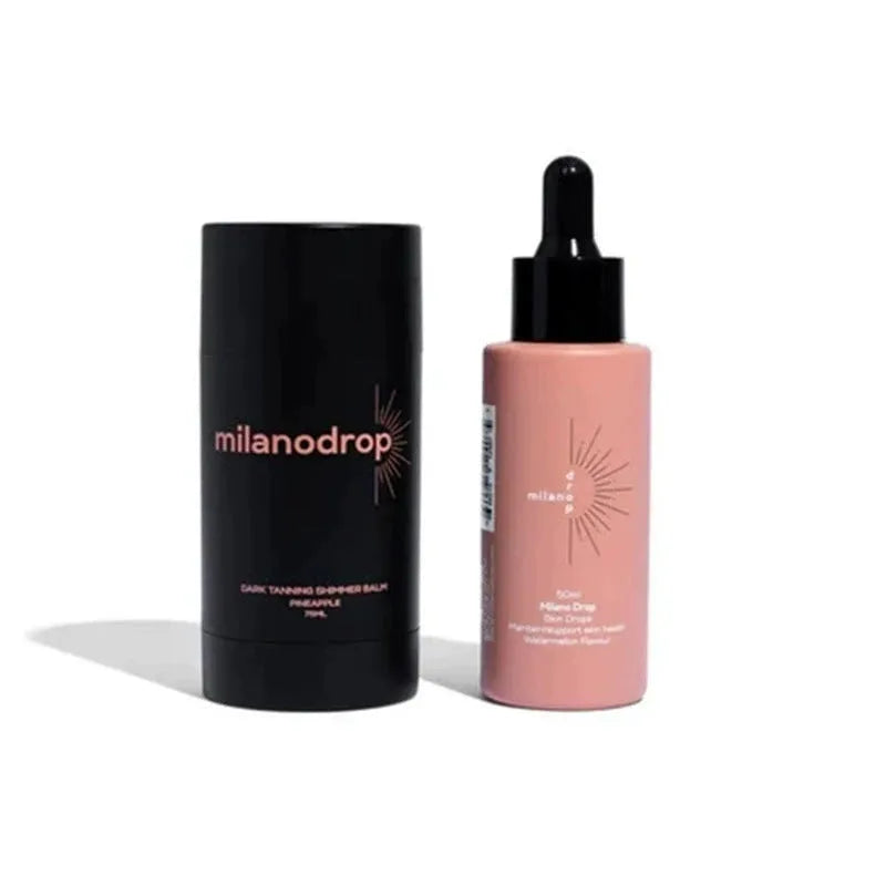 Matte sun tanning liquid bottles: 50ml tanning drops and 75ml tanning flash cream.