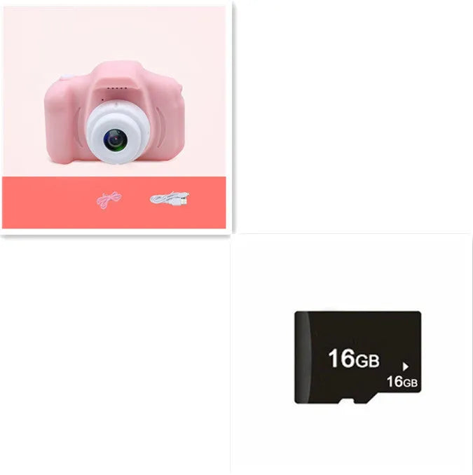 X2 HD mini cartoon kids digital camera in silicone body with 2-inch screen and lanyard.