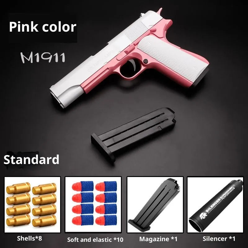 Children's M1911 plastic soft bullet gun toy with throw shell feature in Blue and White colour