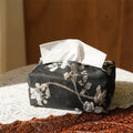 White Chinese brocade fabric tissue box cover with embroidered plum design and optional pearl buckle.