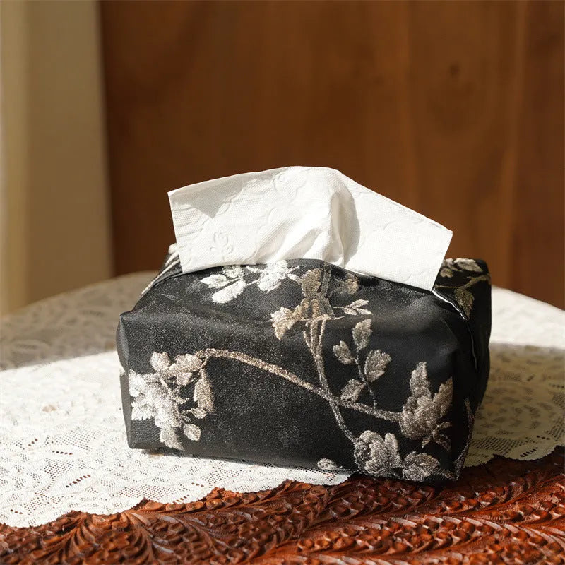 White Chinese brocade fabric tissue box cover with embroidered plum design and optional pearl buckle.