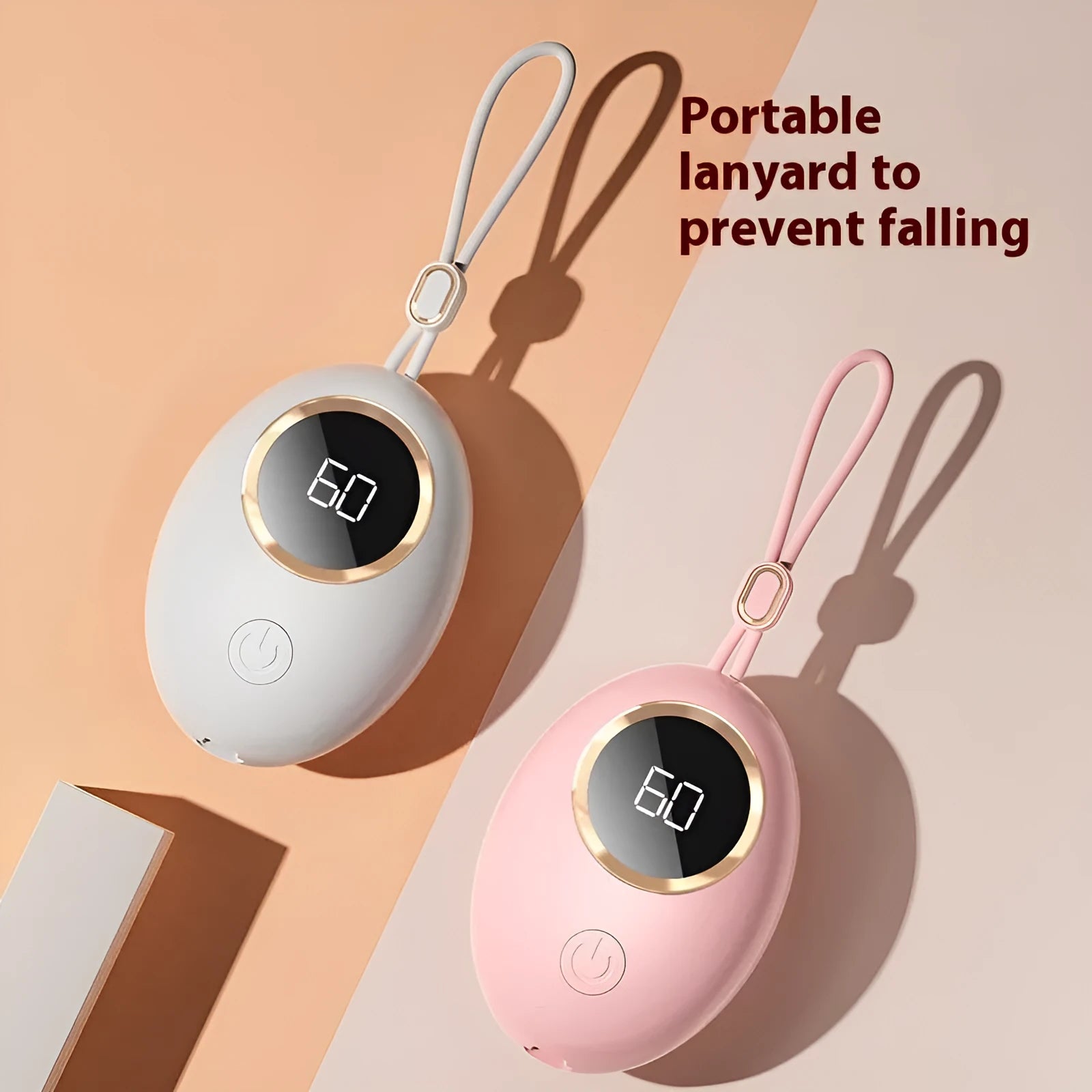 Compact USB digital display hand warmer in a choice of six colours, showing the heating pad and screen.