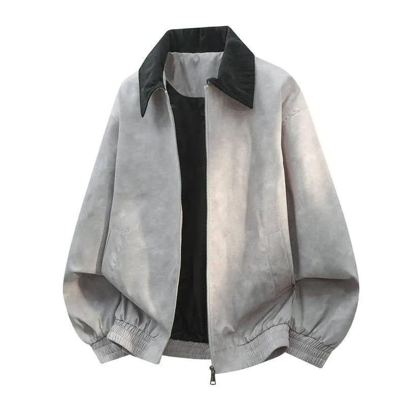 Men's black stitching lapel casual jacket with straight hem and side seam pockets.