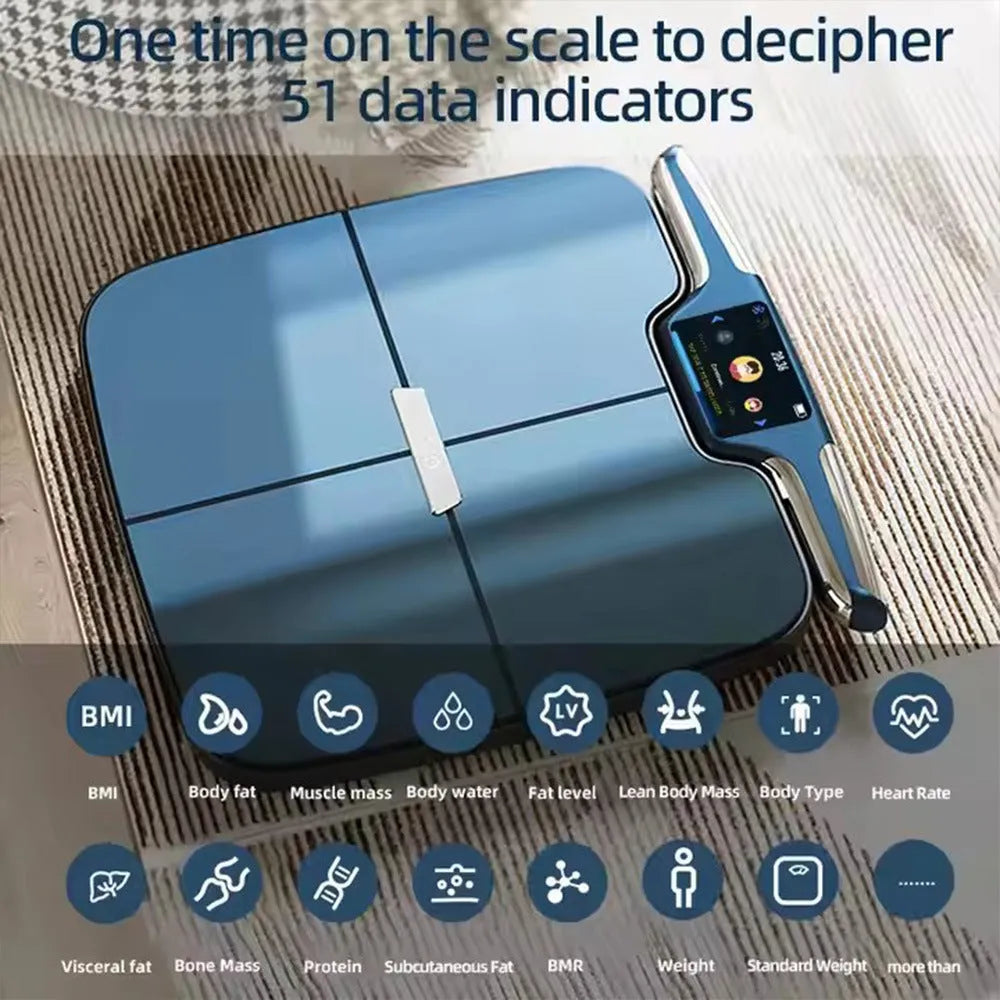Black eight-electrode body fat weighing scale on a hard floor