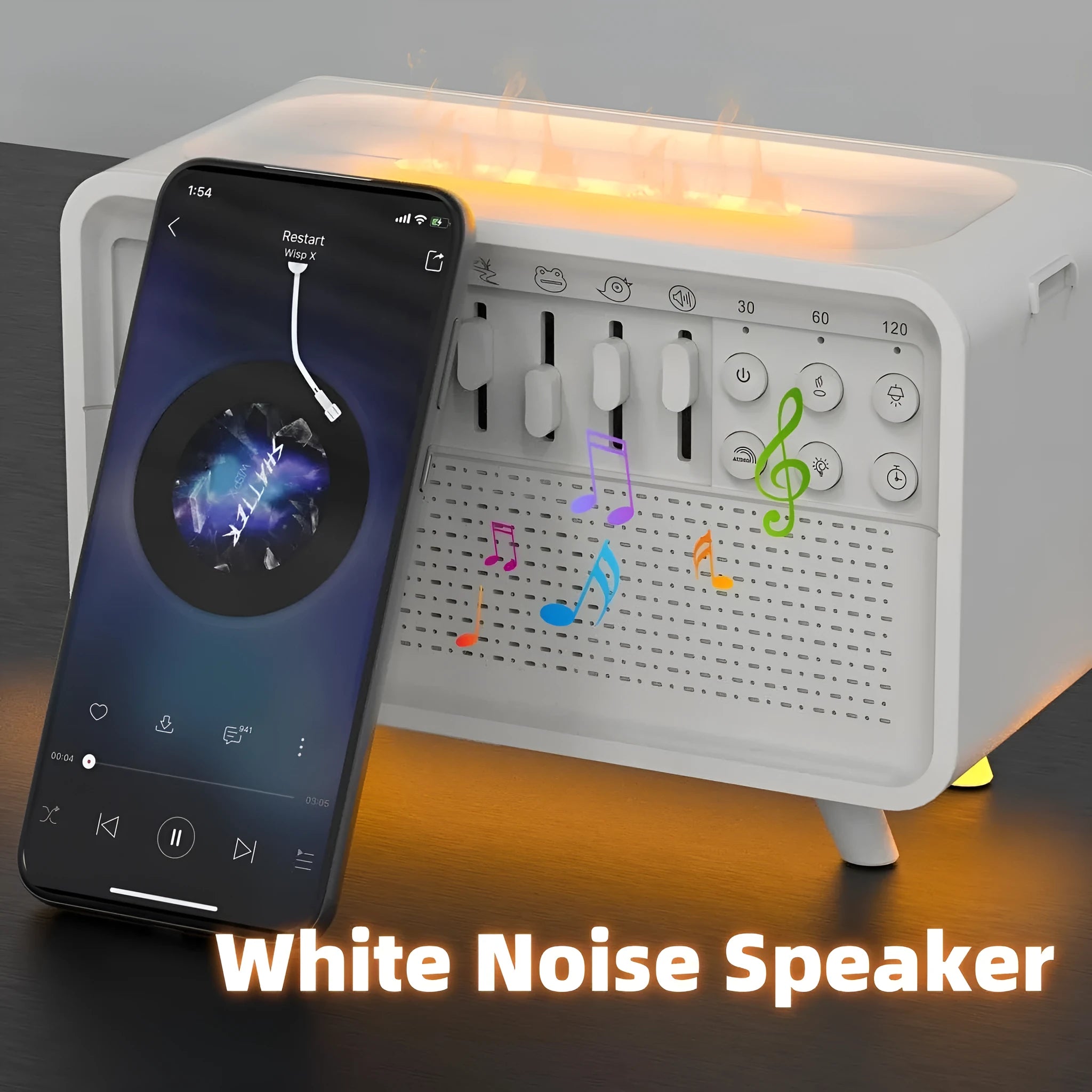 White geometric 3-in-1 Bluetooth speaker with white noise sleep machine, night light and humidifier functions