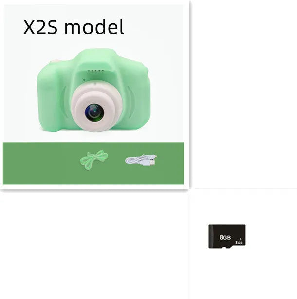 X2 HD mini cartoon kids digital camera in silicone body with 2-inch screen and lanyard.