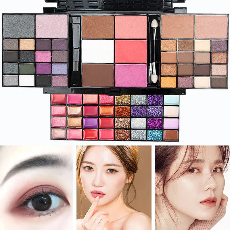 Four-layer 74 colour makeup palette with eyeshadow, lip gloss, and brushes in a plastic case.
