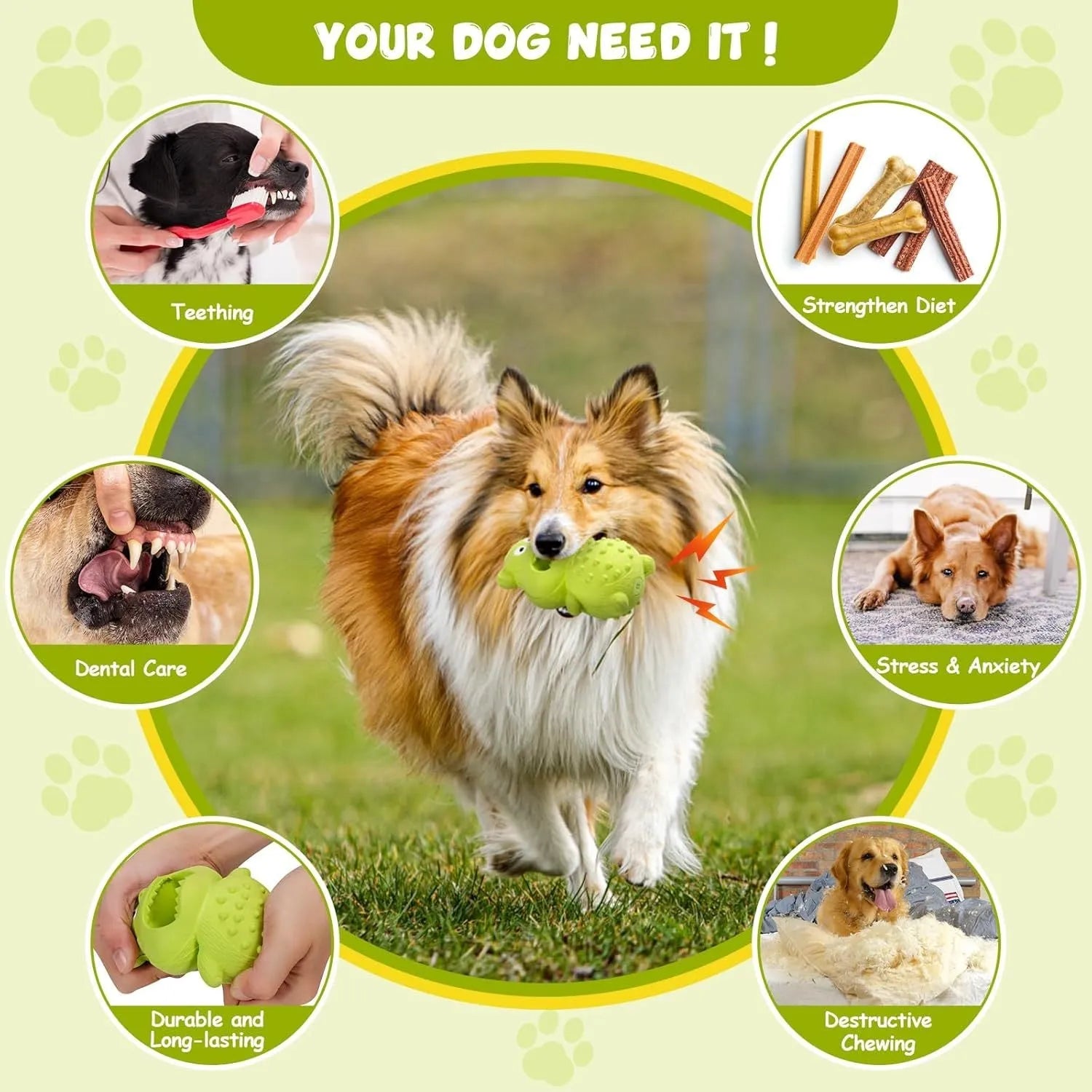 Green and yellow thick natural rubber squeaky dog chew toy for aggressive chewing dogs
