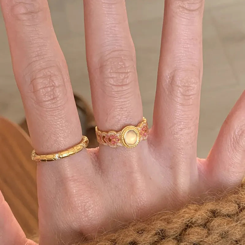 Pink crystal enamel geometric open mouth ring on gold-plated copper band