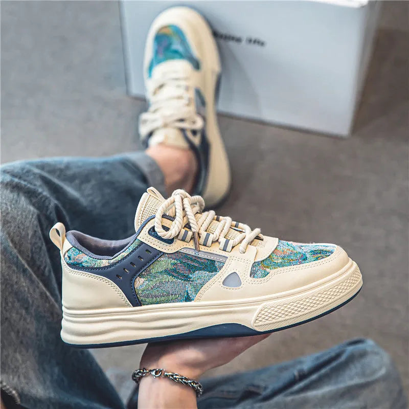 Casual canvas shoes in Milan green and beige colours with round toe and flat heel design