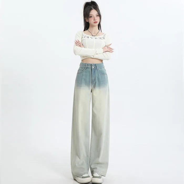 Women's gradient blue wide-leg straight-leg denim trousers on a hanger.