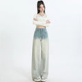 Women's gradient blue wide-leg straight-leg denim trousers on a hanger.