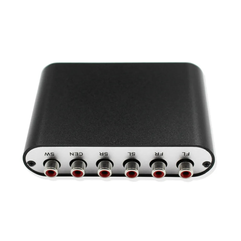 Black digital to analogue audio decoder with optical fibre, coaxial, and stereo inputs for 5.1 channel sound output