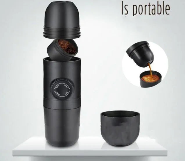 Black portable manual coffee machine measuring 6cm by 17.5cm with stainless steel components