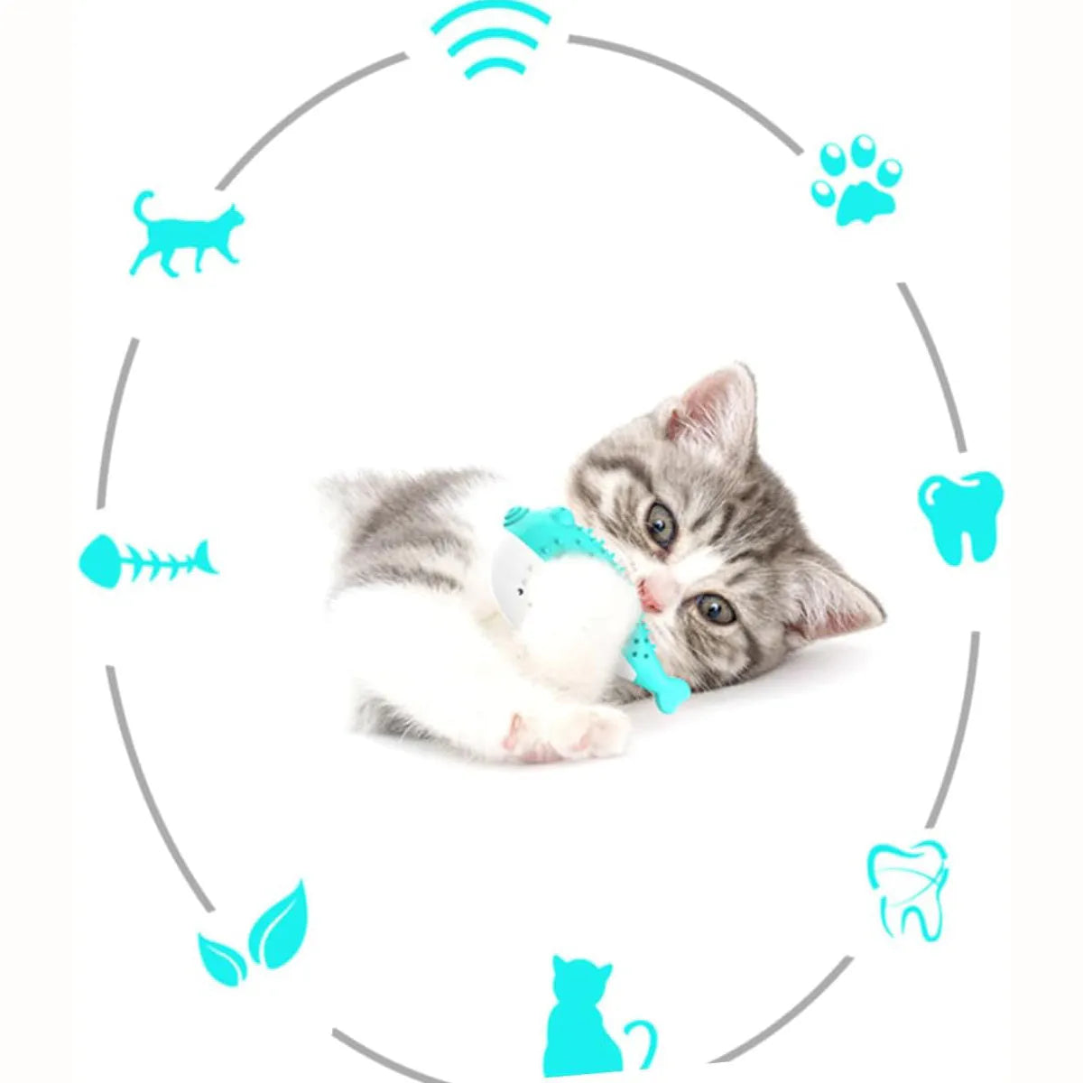 Small blue silicone fish-shaped chew toy for cats on a white background.