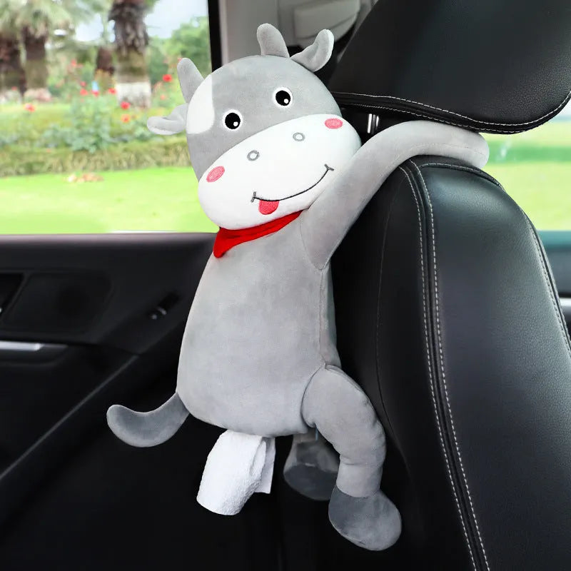 Plush car seat tissue holder with strap attached to vehicle seat back in animal design