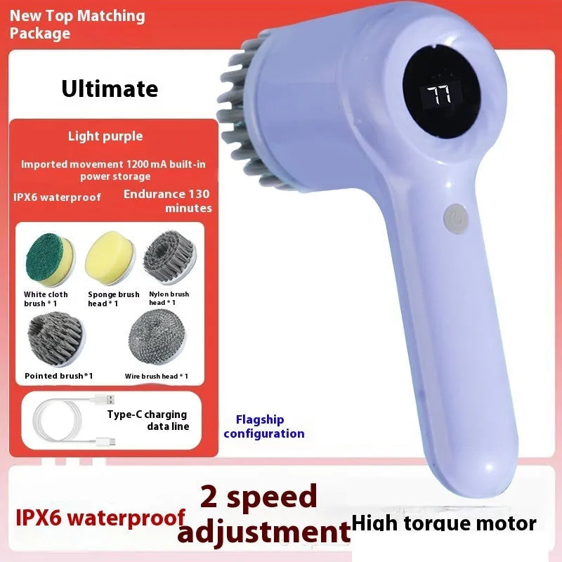 USB electric cleaning brush in light grey or purple with interchangeable cleaning heads for kitchen use