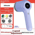USB electric cleaning brush in light grey or purple with interchangeable cleaning heads for kitchen use