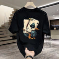 Men's heavyweight black cotton short-sleeved T-shirt with printed design, showing fabric texture and fit