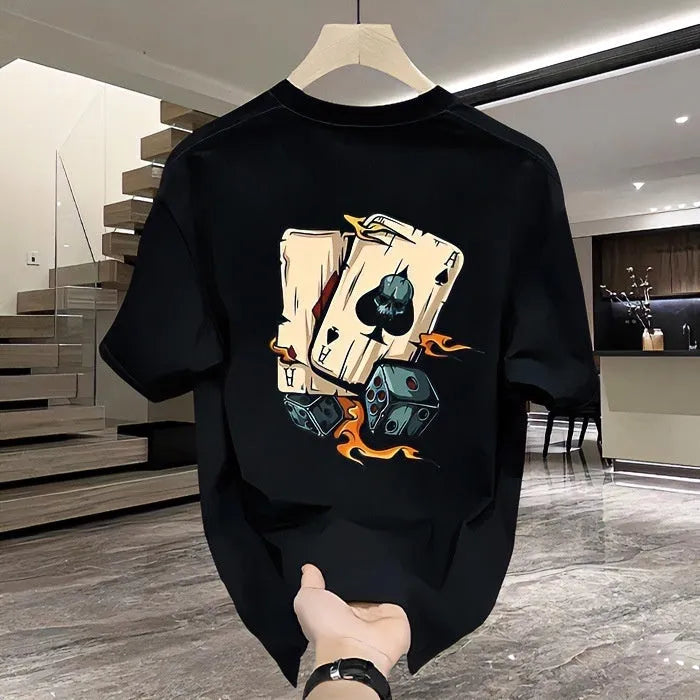 Men's heavyweight black cotton short-sleeved T-shirt with printed design, showing fabric texture and fit