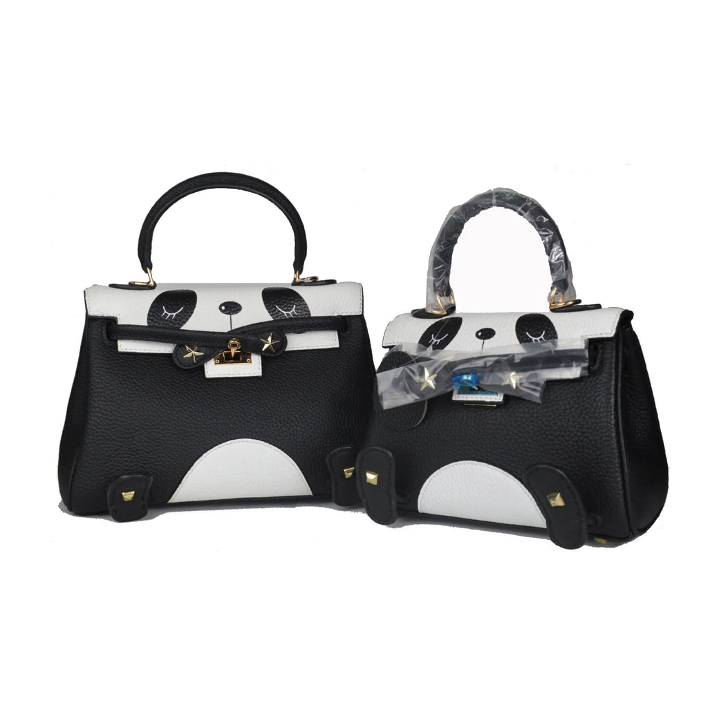 Cow leather panda print handbag in horizontal square shape, shown in two size options.