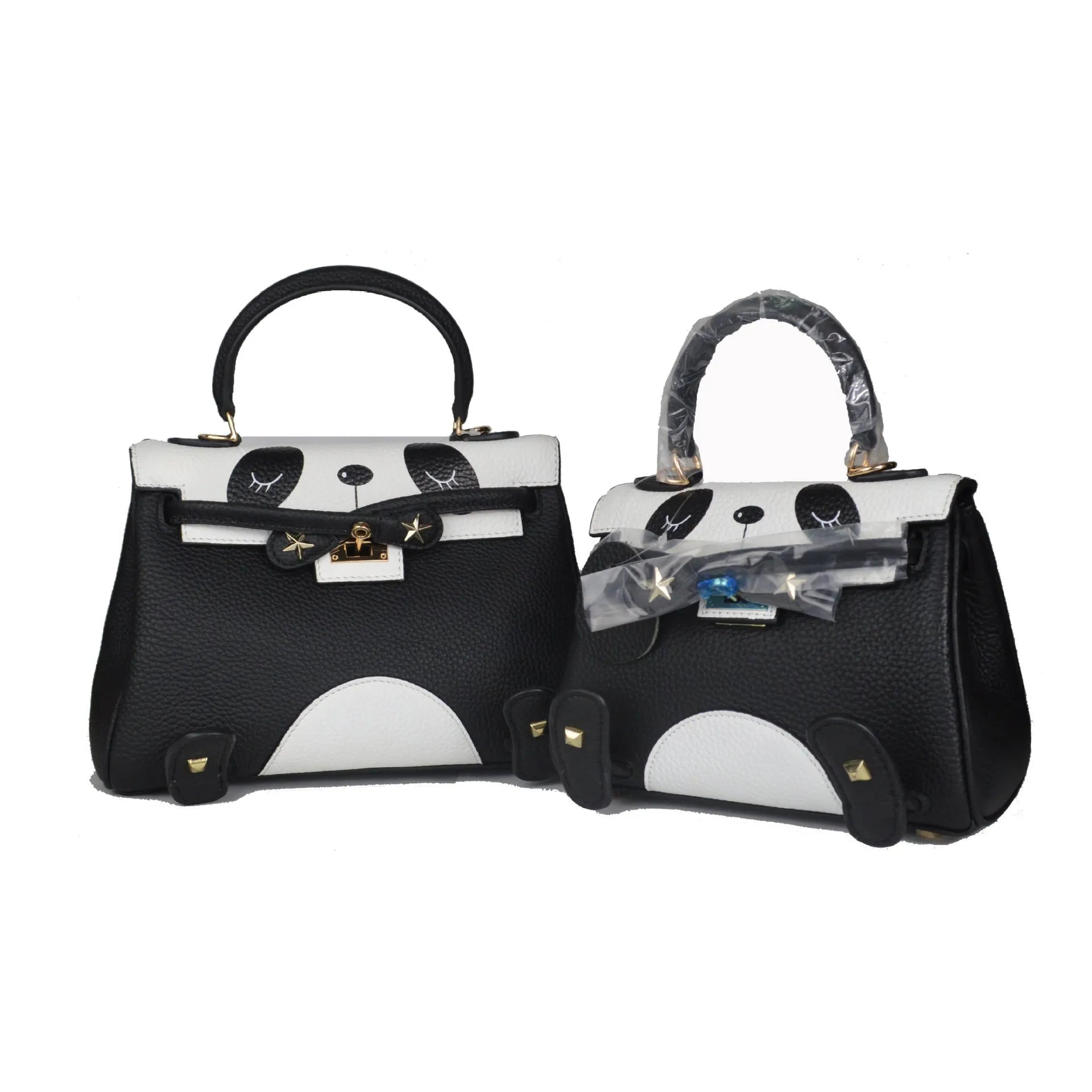 Cow leather panda print handbag in horizontal square shape, shown in two size options.