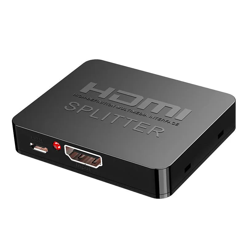 4K HDMI splitter device with one input and two output ports for dual display distribution