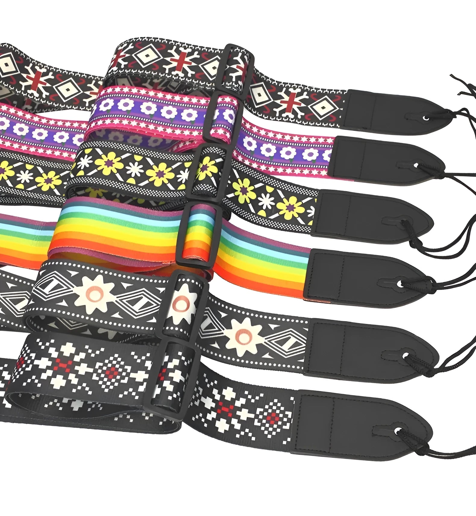 Printed cloth guitar shoulder strap showing colourful design patterns including national flag and lightning motifs