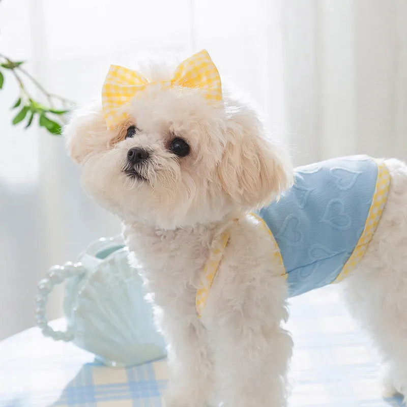 Small dog wearing heart texture bow suspenders vest in Bondi Blue colour