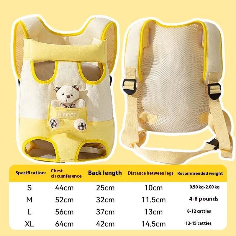 Soft canvas pet carrier bag with cartoon animal design showing colourful stitching details