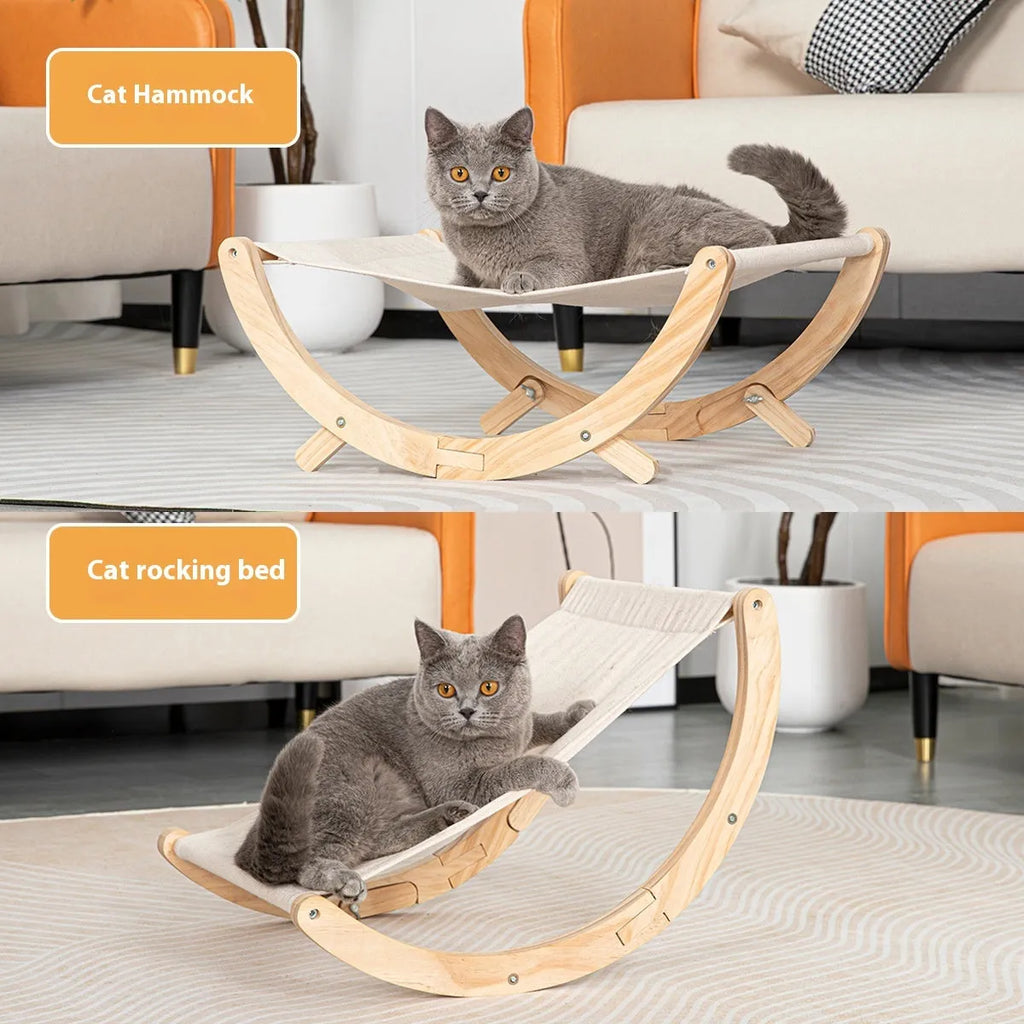 Solid wood frame foldable cat hammock bed with canvas and plush sleeping area